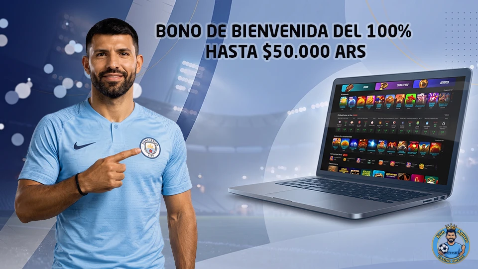 Banner de Casino Kun Aguero con el bono del 100% hasta $50.000 ARS